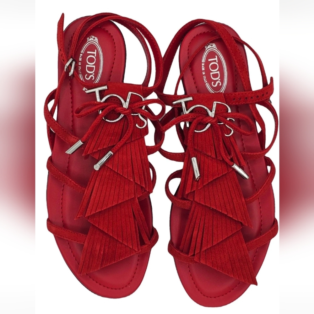 TOD'S Women's Strappy Red Sandals‎ with Fringe Size 6.5